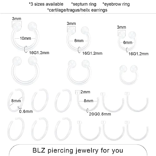 BLZ 90PCS Mixed-pack Piercing Kit Stainless Steel 14G 16G 18G 20G Piercing Needle with Clear Nose Septum Lip Tongue Tragus Cartilage Daith Eyebrow Belly Button Rings Retainer Piercing Jewelry