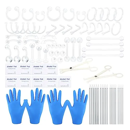 BLZ 90PCS Mixed-pack Piercing Kit Stainless Steel 14G 16G 18G 20G Piercing Needle with Clear Nose Septum Lip Tongue Tragus Cartilage Daith Eyebrow Belly Button Rings Retainer Piercing Jewelry