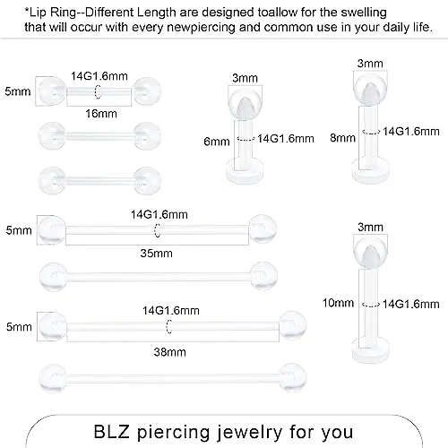 BLZ 90PCS Mixed-pack Piercing Kit Stainless Steel 14G 16G 18G 20G Piercing Needle with Clear Nose Septum Lip Tongue Tragus Cartilage Daith Eyebrow Belly Button Rings Retainer Piercing Jewelry