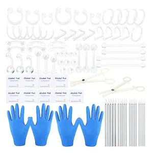 BLZ 90PCS Mixed-pack Piercing Kit Stainless Steel 14G 16G 18G 20G Piercing Needle with Clear Nose Septum Lip Tongue Tragus Cartilage Daith Eyebrow Belly Button Rings Retainer Piercing Jewelry