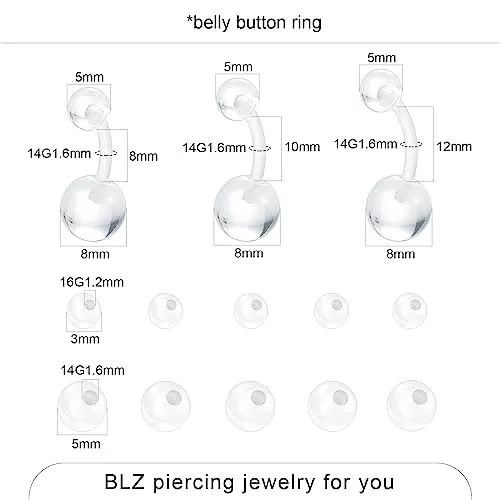 BLZ 90PCS Mixed-pack Piercing Kit Stainless Steel 14G 16G 18G 20G Piercing Needle with Clear Nose Septum Lip Tongue Tragus Cartilage Daith Eyebrow Belly Button Rings Retainer Piercing Jewelry