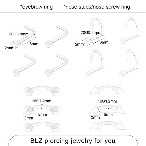 BLZ 90PCS Mixed-pack Piercing Kit Stainless Steel 14G 16G 18G 20G Piercing Needle with Clear Nose Septum Lip Tongue Tragus Cartilage Daith Eyebrow Belly Button Rings Retainer Piercing Jewelry