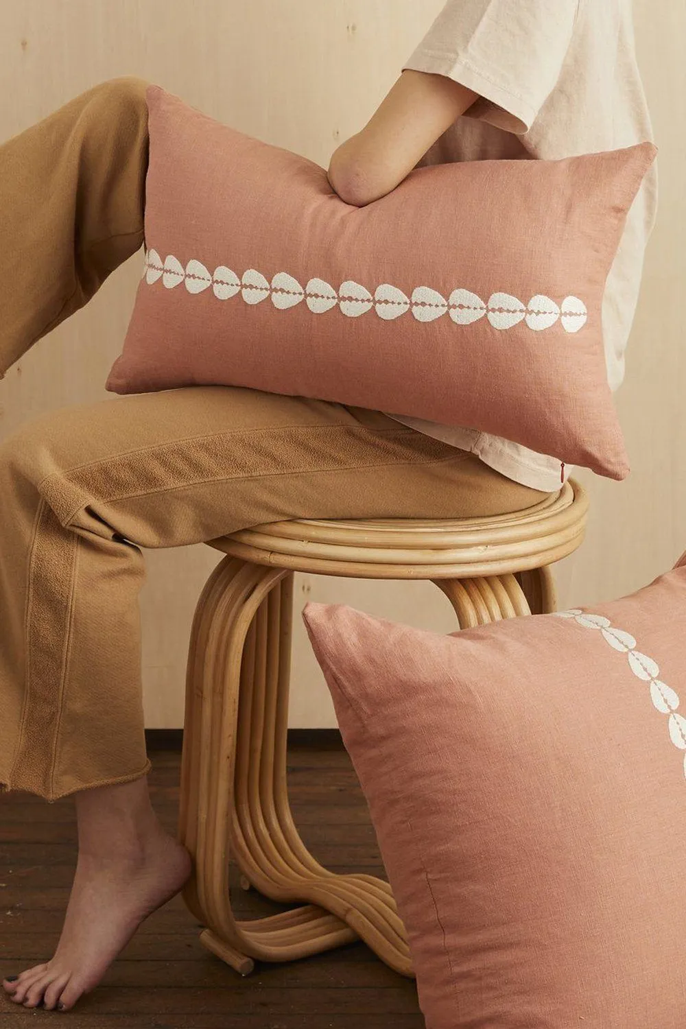 Cowrie Embroidered Linen Lumbar Pillow - Sandalwood
