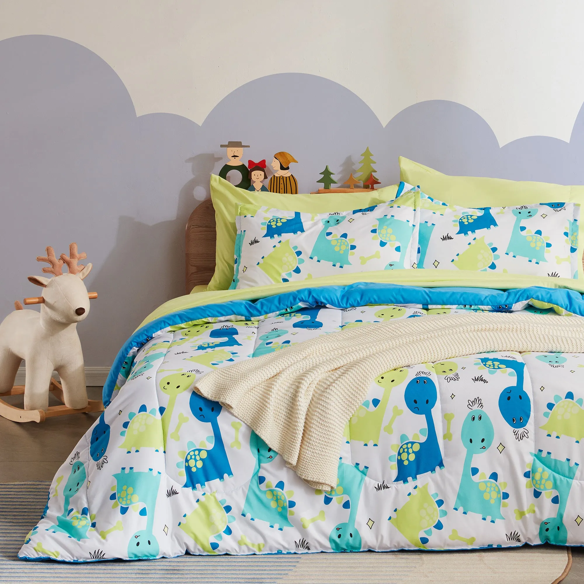 Cute Dino Kids Printed Comforter Set Blue/Green