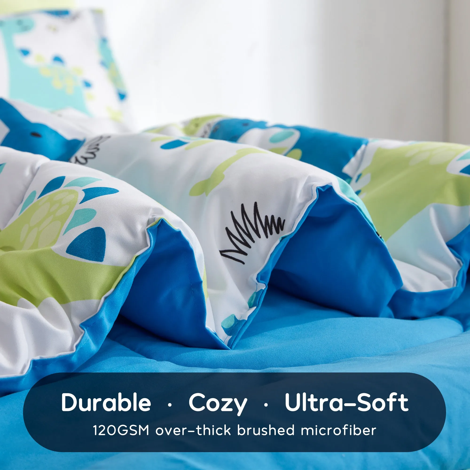 Cute Dino Kids Printed Comforter Set Blue/Green
