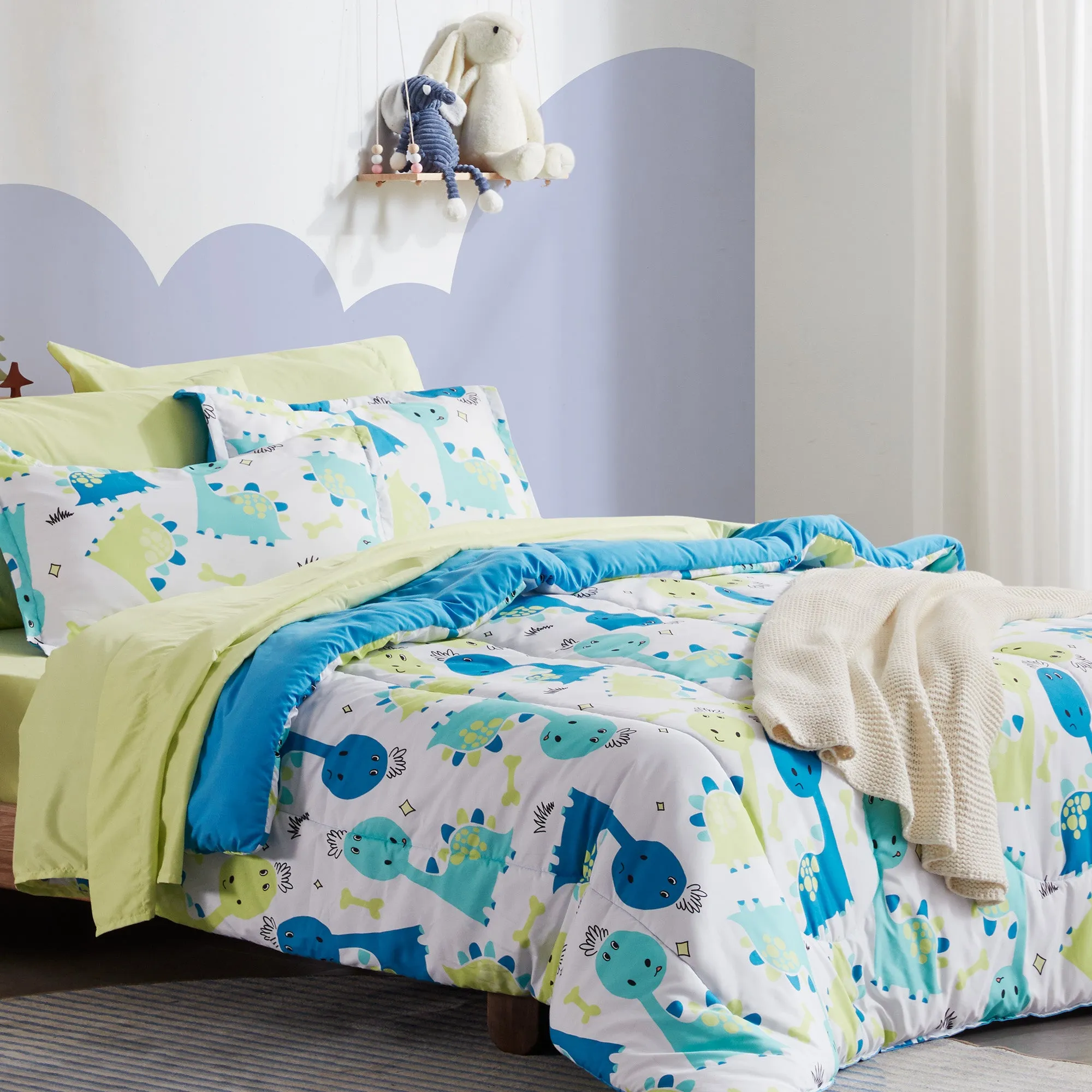 Cute Dino Kids Printed Comforter Set Blue/Green