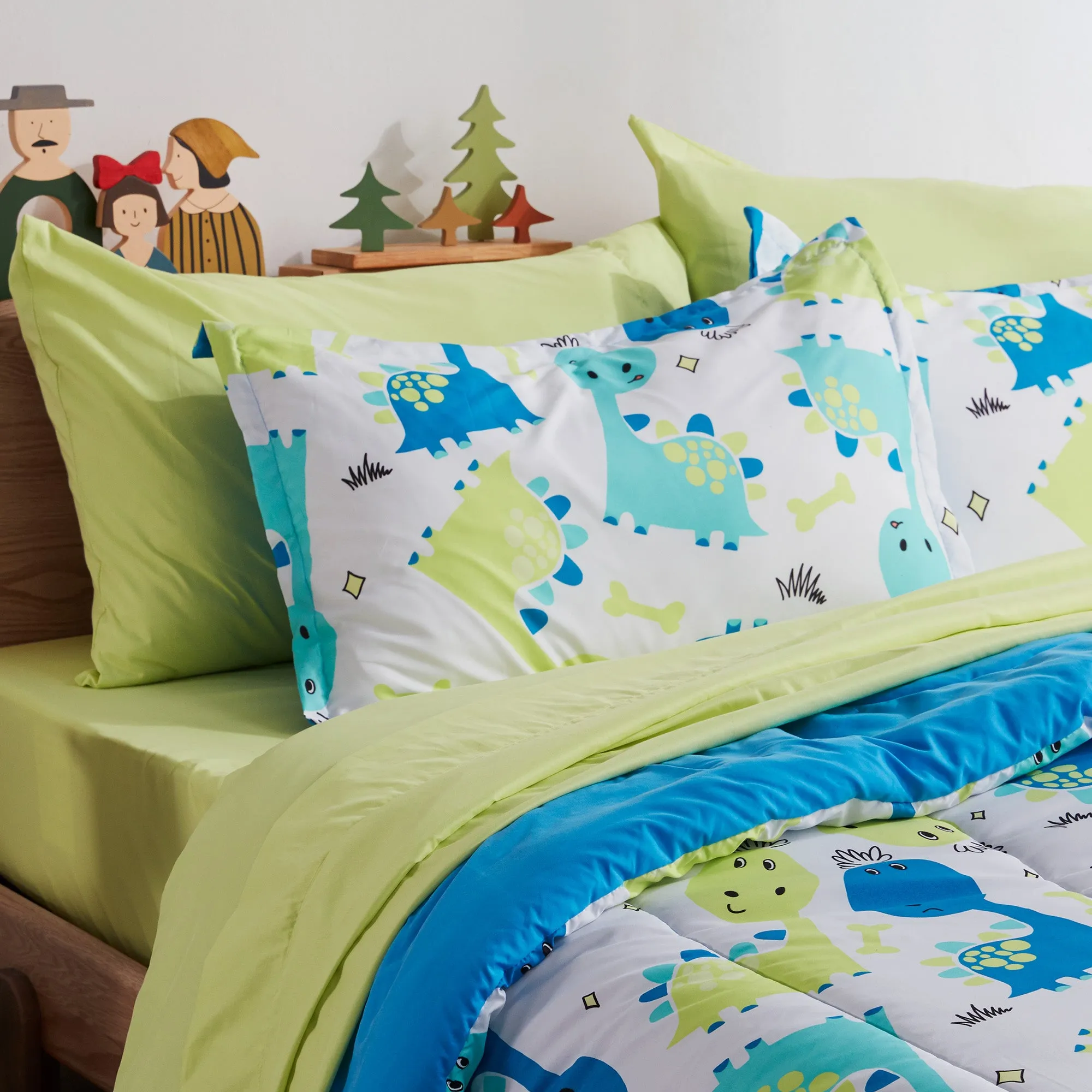 Cute Dino Kids Printed Comforter Set Blue/Green