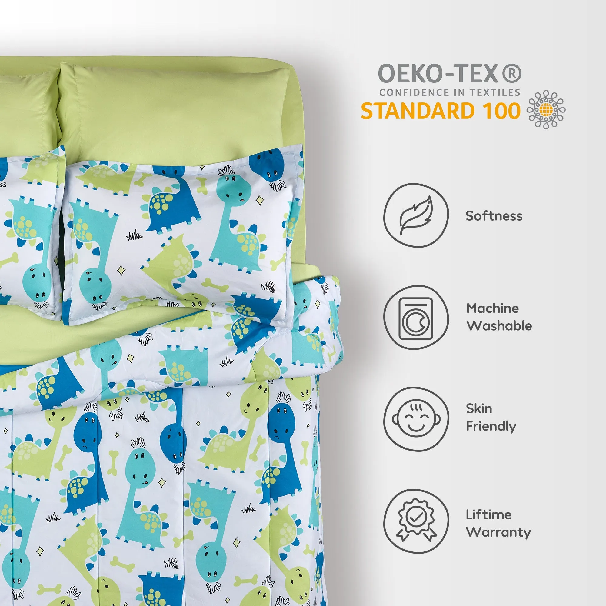 Cute Dino Kids Printed Comforter Set Blue/Green