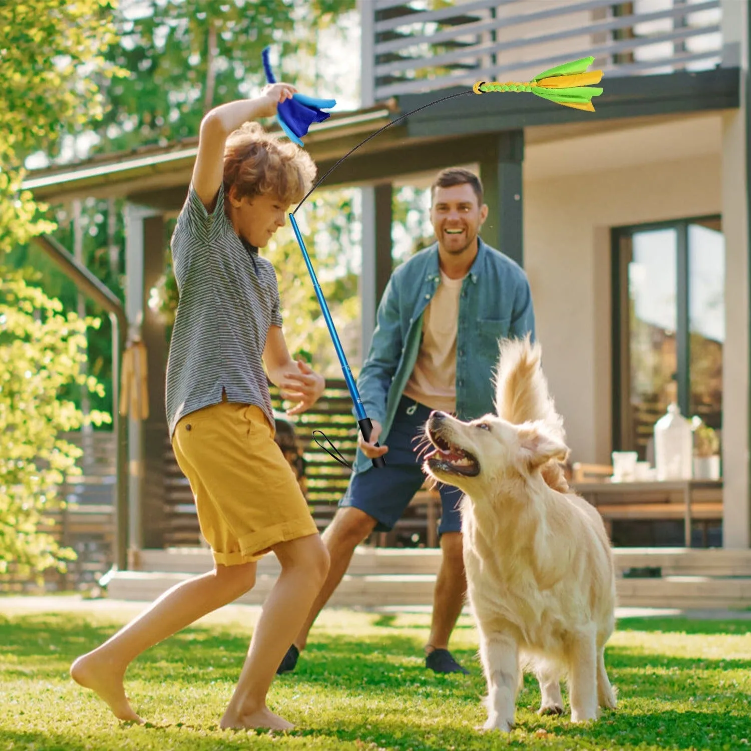 Extendable Dog Flirt Pole with 2 Replaceable Interactive Tail Toys